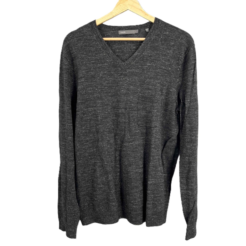 Vince Mens Sweater Dark Gray Wool‎ Linen Knit V-Neck Chest Pocket Large